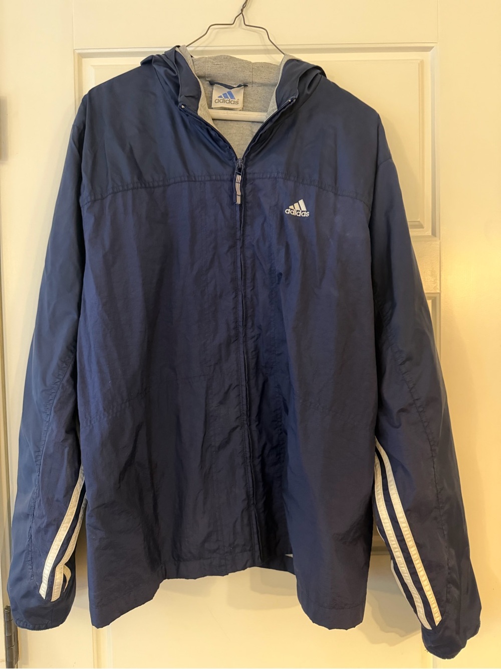 adidas Vintage Navy Lightweight Hooded Track Jacket with Stripe Accents-Large
